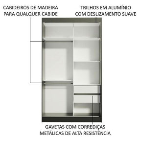 Guarda-roupa Solteiro Madesa Tokio 2 Portas De Correr De Espelho 2 Gavetas